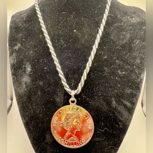 Trifari Silver and Black Rope Necklace with Queen Elizabeth Schilling Pendant